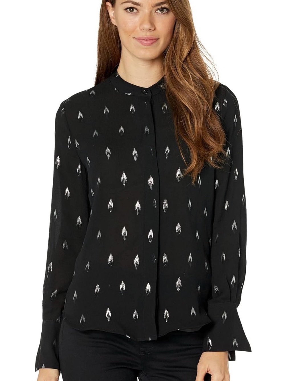 Equipment Black Long-Sleeve Button-Front Blouse with metallic thread accents